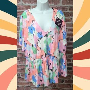 Ava & Viv Pink Floral Cinch Waist Top 3X V Neck Flutter Sleeve Lightweight Knit